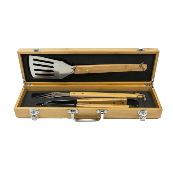 A U-State engraved wooden BBQ grill gift set.